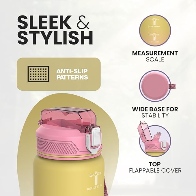 1L Water Bottle with Straw - Leak-Proof & BPA Free Reusable Sports Bottle - Motivational Time Markings for Hydration Durable Drink Bottle for Gym, Sports, Outdoor (Yellow and Pink)