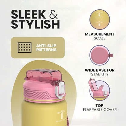 1L Water Bottle with Straw - Leak-Proof & BPA Free Reusable Sports Bottle - Motivational Time Markings for Hydration Durable Drink Bottle for Gym, Sports, Outdoor (Yellow and Pink)