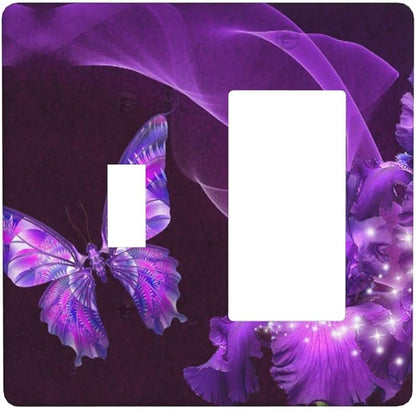 Purple Butterfly Flower Combo Single Toggle 1 Rocker Light Switch Wall Plate Cover Decorative 2-Gang for Electrical Outlets Girls Room Bathroom Bedroom Home Kitchen One Decora Receptacle 4.5" x 4.6"