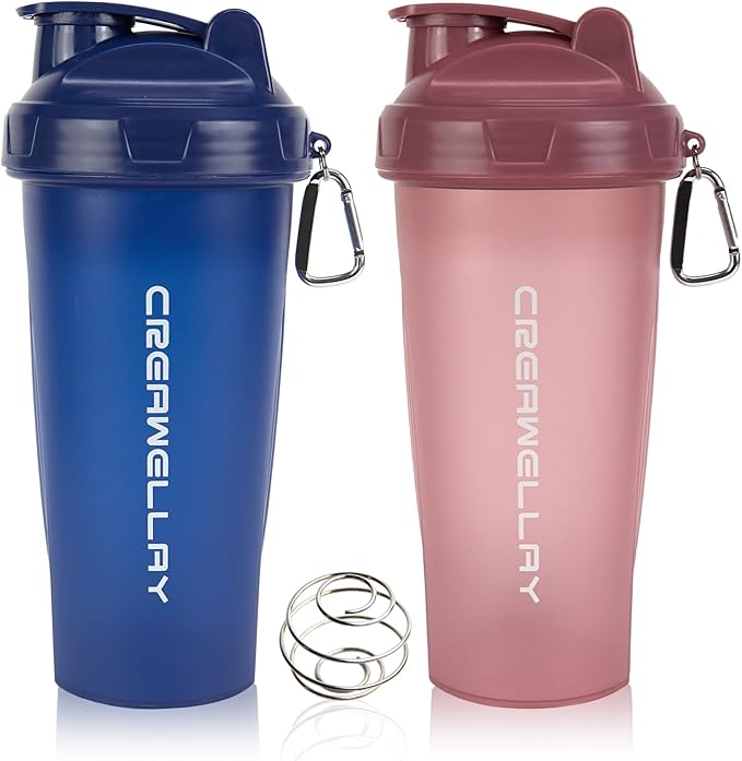 2 Pack Protein Shaker Bottle, 24 oz Protein Shaker Cup with Wire Shaker Ball for Pre Workout, Shake Bottle with Carrying Handle, BPA-Free & Dishwasher Safe (Blue, Pink)