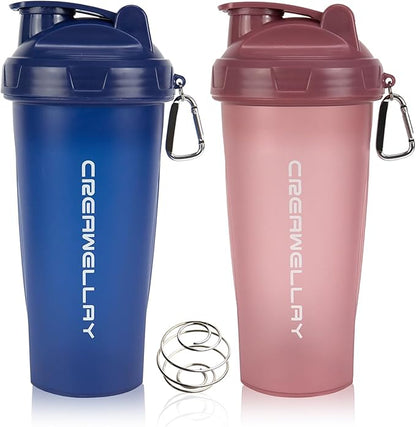 2 Pack Protein Shaker Bottle, 24 oz Protein Shaker Cup with Wire Shaker Ball for Pre Workout, Shake Bottle with Carrying Handle, BPA-Free & Dishwasher Safe (Blue, Pink)