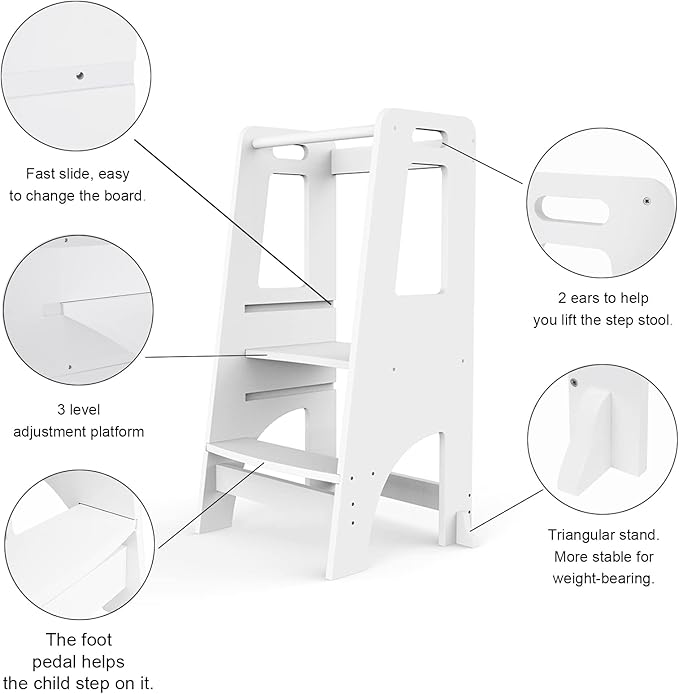 Toddler Tower, Wooden Toddler Kitchen Stool Helper, Height Adjustable Kids Kitchen Step Stool Learning Tower for Bathroom and Bedroom Counter Working, Natural Bamboo (White)