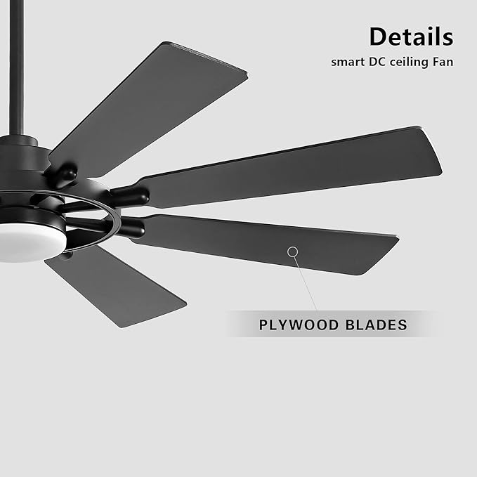 60" Ceiling Fan with Lights and Remote Control, Wood 8 Blades 6-Speed Dimmable Light Noiseless Reversible DC Motor, Modern Large Ceiling fan for Kitchen Bedroom Dining Living Room, Black