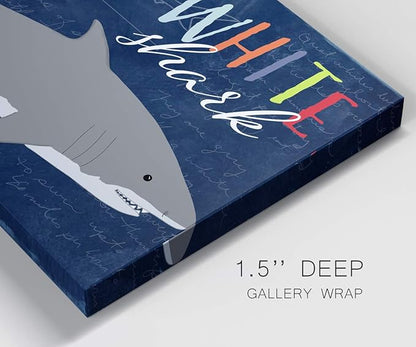 Renditions Gallery Canvas Animal Wall Art Home Paintings & Prints Smiling Playful White Shark Modern Abstract Vibrant Wall Hanging Decorations for Kids Bedroom Nursery - 32"x48" LT33