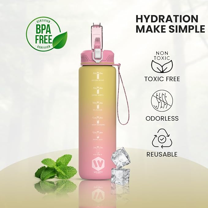 1L Water Bottle with Straw - Leak-Proof & BPA Free Reusable Sports Bottle - Motivational Time Markings for Hydration Durable Drink Bottle for Gym, Sports, Outdoor (Yellow and Pink)