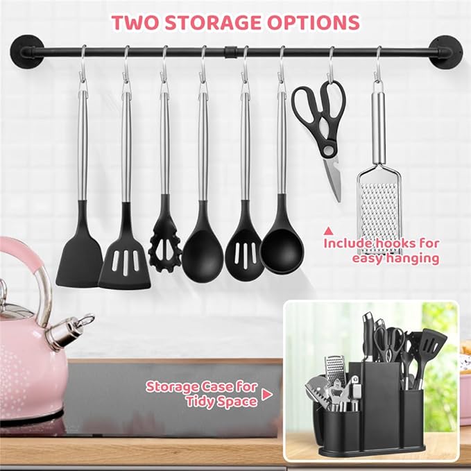 38 PCS Kitchen Utensils Set, Silicone Cooking Utensils Set with Kitchen Knife Set and Holder, Wooden Handle Kitchen Tool Set - Kitchenware Set (Black)