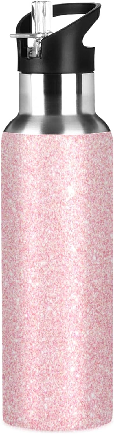 xigua 22 OZ Pink Glitter Texture Water Bottle with Straw, Sports Water Bottle BPA Free Stainless Steel Water Jugs for Gym, Kitchen, Working, Outdoor