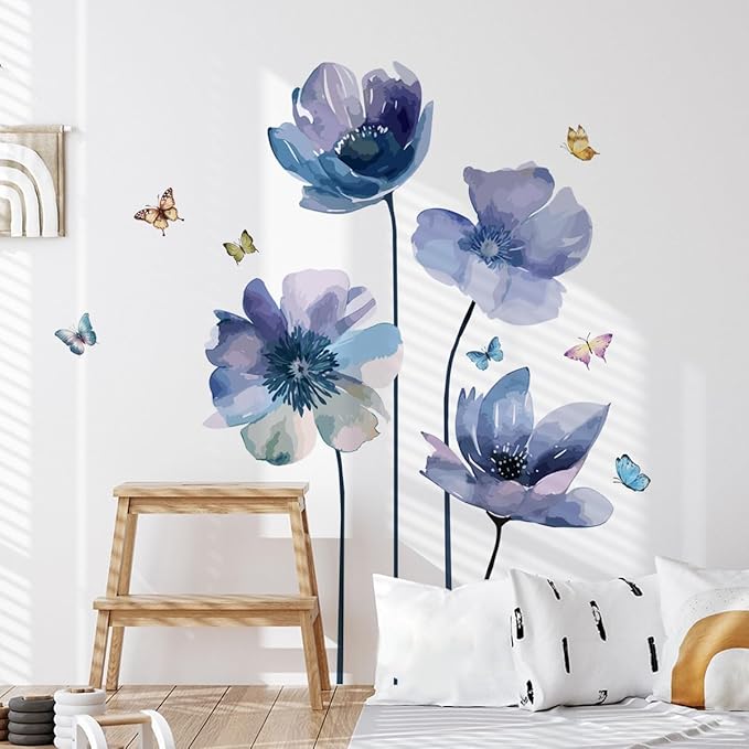 Blue Flower and Butterfly Wall Decal - 88x92cm Decorative Sticker for Home Decor