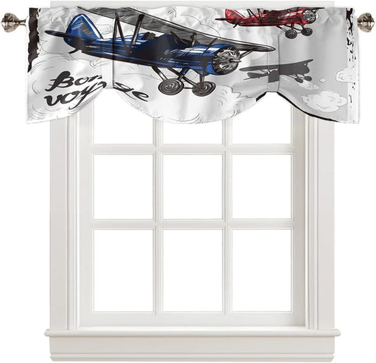 Tie Up Valance for Kitchen Living Room Farmhouse - Biplane Bon Voyage Rod Pocket Adjustable Tie-up Shade Valance for Small Window, Window Valance Balloon Drape for Bathroom 42x12 inches