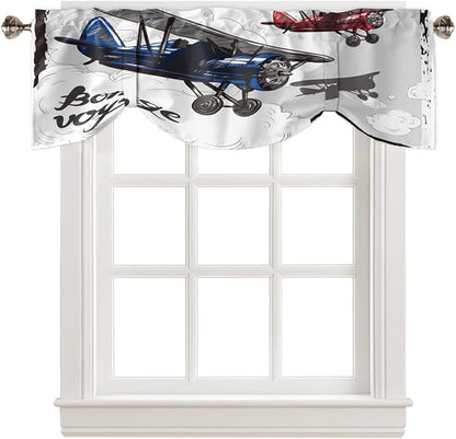 Tie Up Valance for Kitchen Living Room Farmhouse - Biplane Bon Voyage Rod Pocket Adjustable Tie-up Shade Valance for Small Window, Window Valance Balloon Drape for Bathroom 42x18 inches