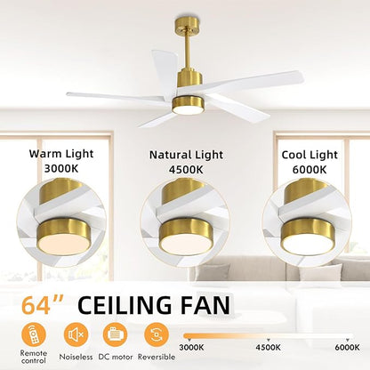 WINGBO 64" ABS DC Ceiling Fan with Lights, 5 Blade ABS Plastic Ceiling Fan with Remote, 6-Speed Reversible DC Motor, LED Ceiling Fan for Kitchen Bedroom Living Room, Brass and White