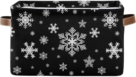 Winter Snowflake Black Storage Basket Fabric Kitchen Baskets Christmas Holiday Open Home Storage Bins Boxes Foldable Organizer Bag for Baby Cloth Xmas Baskets 16×12×8 Inches