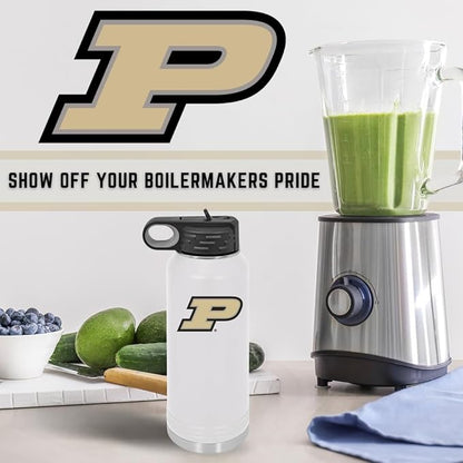 Purdue University 32oz Stainless Steel Double Walled White Beverage Bottle with Flip Straw Spout - College Gear for Playoff Season – For Office, Home or Auto – Show your Boilermaker Pride