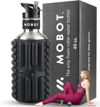 MOBOT Portable Travel Foam Roller Water Bottle with Sip Straw, Stainless Steel Screw Lid | Insulated Sports Water Bottle and Foam Rollers for Yoga, Workout, Home Gym, & Exercise