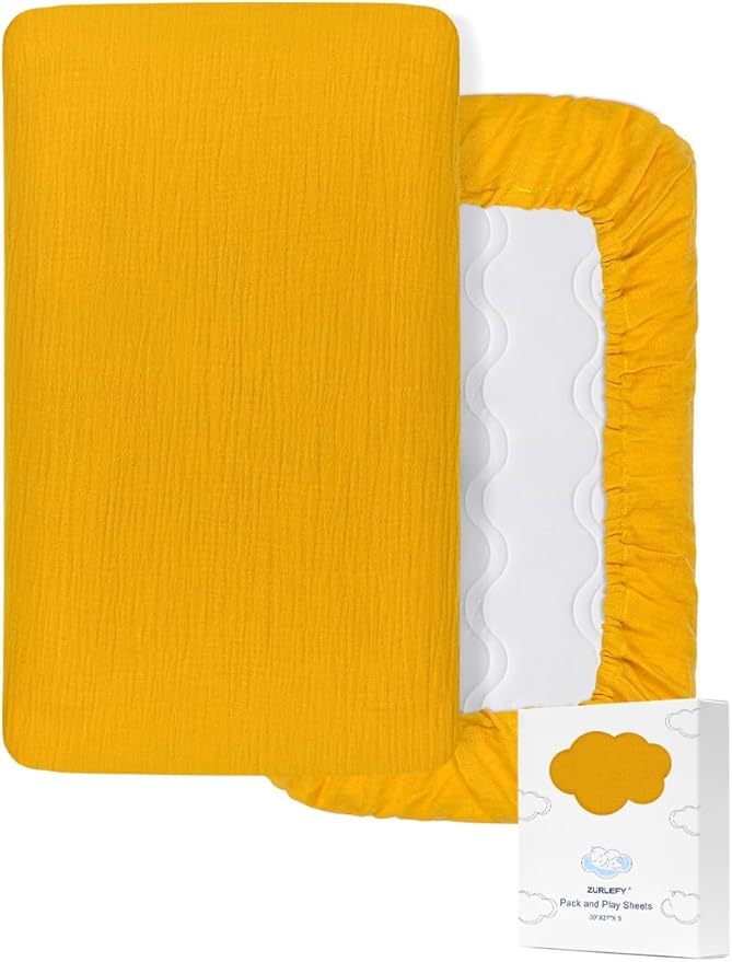 Yellow Muslin Pack and Play Sheets Fitted Girl, Portable Mini Crib Sheets or Pack n Play Mattress Pad Cover for Baby Boys Unisex (46P-03)