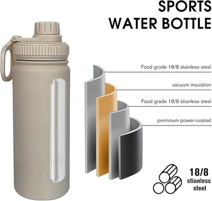 18oz Insulated Water Bottle ，Stainless Steel Sports Water Cup Flask with 2 Lids, Wide Mouth Travel Thermal Mug,Outdoor Sports Bottle（Cream apricot）