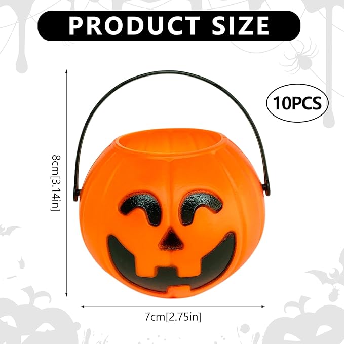 10 Pcs Halloween Candy Bucket Plastic Mini Candy Pumpkin Bucket Pumpkin Candy Bucket with Handle Trick or Treat Bucket for Halloween Party Decorations Supplies, 2.7in