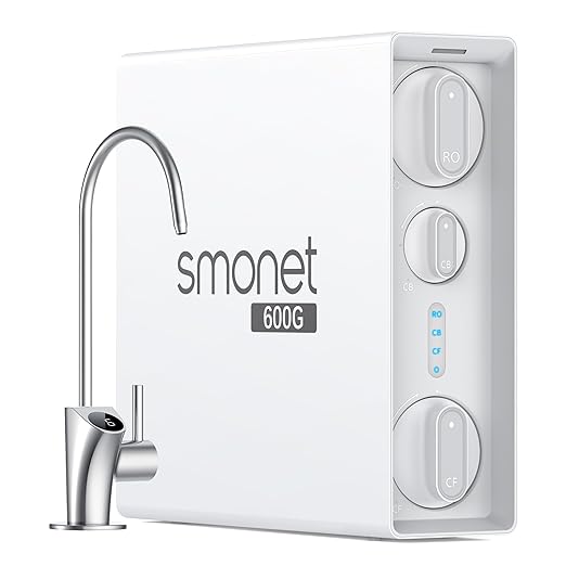 SMONET Tankless Reverse Osmosis System: 7 Stages Reverse Osmosis Drinking Water Filter 600 GPD with Smart LED Faucet Under Sink RO Water Filtration Systems for Whole Home 2:1 Pure to Drain NSF 58/372