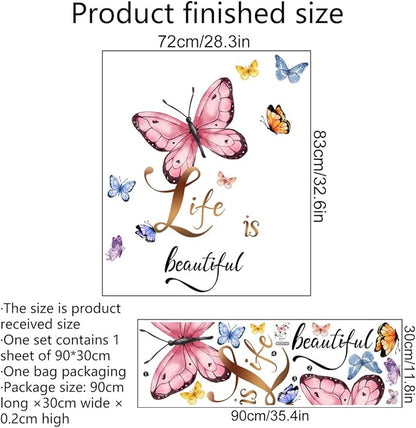 Butterfly Wall Art Decal - 'Life is Beautiful' Motivational Quote - 90x30cm Peel & Stick Design for Home Decor