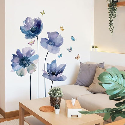 Blue Flower and Butterfly Wall Decal - 88x92cm Decorative Sticker for Home Decor