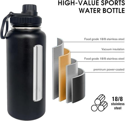 1pack 32 oz Insulated Water Bottle With Straw, Stainless Steel Sports Water Cup Flask with 2 Lids, Wide Mouth Travel Thermal Mug,Black