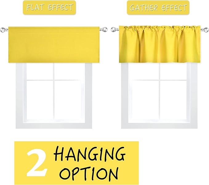 4 Panels Bright Yellow Valance for Windows 42x18 Inch Solid Blackout Rod Pocket Kitchen Short Curtain Toppers Valance for Bathroom Living Room, Light Yellow