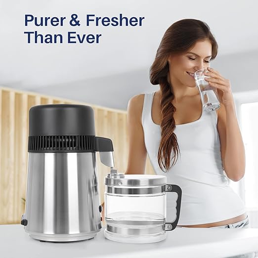 PUREPLUS Water Distiller, 304 Stainless Steel Distilling Water Purifier, with Glass Container, 750W Countertop Water Distiller for Home