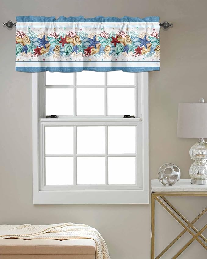 Vandarllin Coastal Beach Kitchen Curtains Valances for Windows Nautical Ocean Seashell Coral Starfish Rod Pocket Window Treatment for Kitchen/Living Room/Bedroom/Bathroom, 42" X 18", Lake Blue Summer