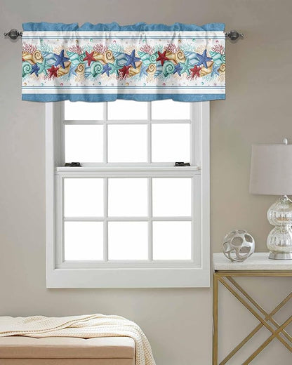 Vandarllin Coastal Beach Kitchen Curtains Valances for Windows Nautical Ocean Seashell Coral Starfish Rod Pocket Window Treatment for Kitchen/Living Room/Bedroom/Bathroom, 42" X 18", Lake Blue Summer