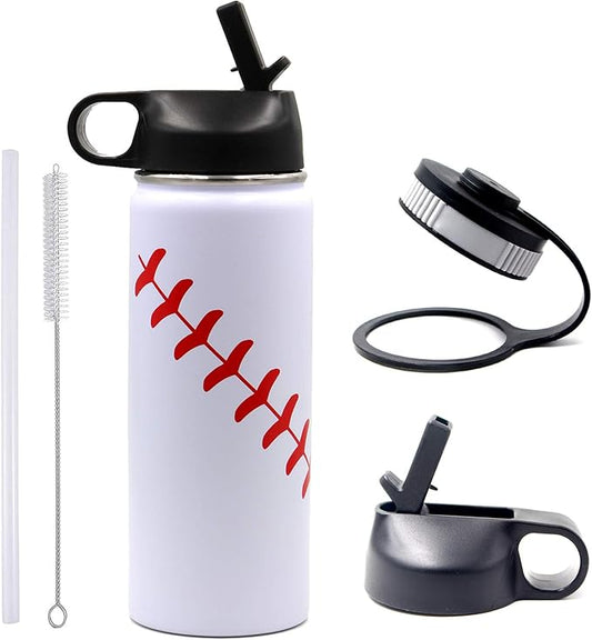 18 oz Baseball Water Bottle, Sports Canteen Metal Travel Tumbler with 2 Lids 18/8 Stainless Steel Double Wall Vacuum Insulated Water Bottles (18oz, White baseball)