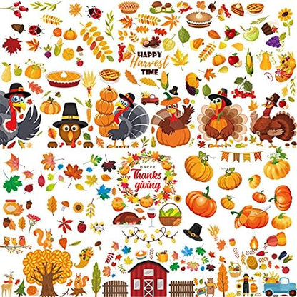 12 Sheets Thanksgiving Window Clings Turkey Maple Leave Window Stickers Fall Window clings for Home Window Decoration Autumn Window Decals for Home Office Classroom Party(Style C)