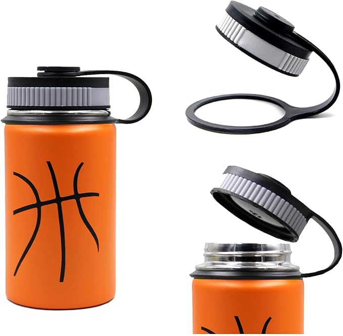 12 oz Basketball Water Bottle, Sports Canteen Metal Travel Tumbler with 2 Lids 18/8 Stainless Steel Double Wall Vacuum Insulated Water Bottles (12oz, Basketball)