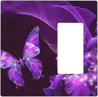 Purple Butterfly Flower Combo Single Blank 1 Rocker Light Switch Wall Plate Cover Decorative 2-Gang for Electrical Girls Room Bathroom Bedroom Home Kitchen One Decora Receptacle 4.5" x 4.6"