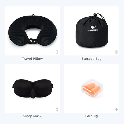 Travel Pillow, Neck Pillow Airplane Memory Foam with Sleep Mask Earplugs, Soft & Support Fleece Airplane Pillow for Travelling Plane Car Train Home Use, Black