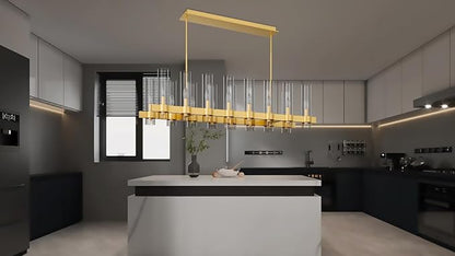 54 Inch Gold Linear Chandelier Kitchen Island Pendant Lighting with 16-Lights Glass Shade, Brushed Brass Modern Farmhouse High Ceilings Over Table Dining Room Light Fixtures