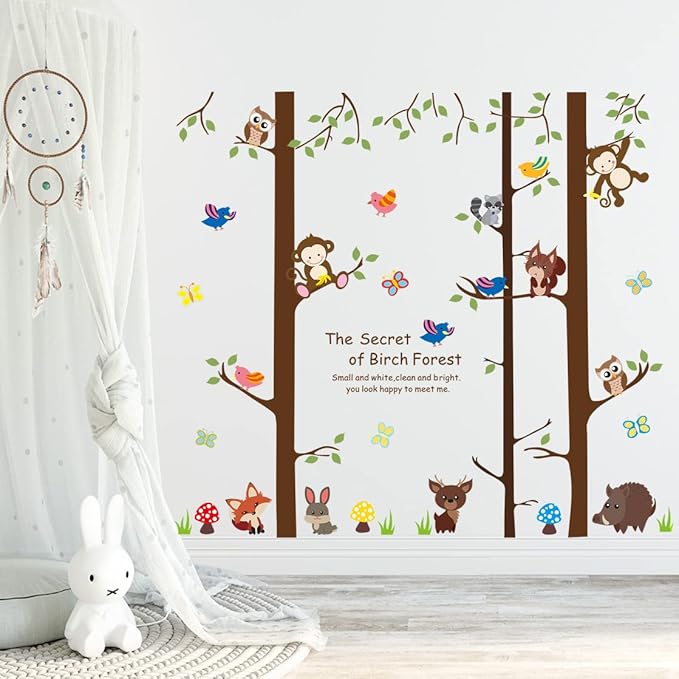 Cartoon Birch Trunks and Animals Wall Decals Forest Tree Wall Sticker DIY Peel and Stick Owls Monkey Birds Decal for Living Room Kitchen Playroom Nursery Kids Bedroom Classroom Home Decoration (C)