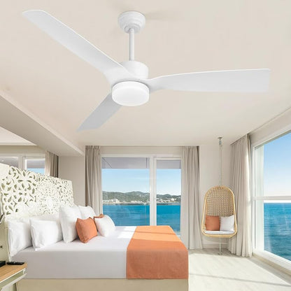 White Ceiling Fan with Light,52 inch,with Remote,22W Dimmable LED Light,DC Motor,6 Speed,Reversible,Outdoor Indoor Ceiling Fan for Bedroom/Patios/kitchen