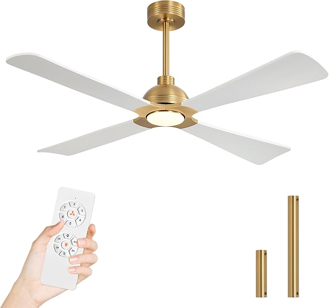 WINGBO 56 Inch DC Ceiling Fan with Lights and Remote, 4 Solid Wood Blades, 3CCT, 6-Speeds Reversible DC Motor, Modern Ceiling Fan for Bedroom Living Room Kitchen, Brass and White