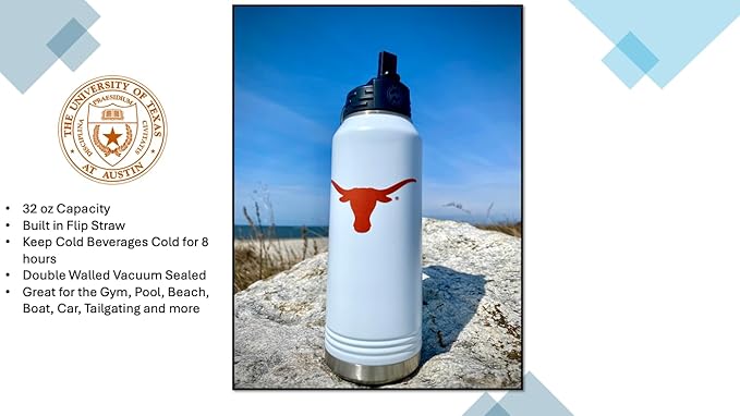 University of Texas at Austin 32oz Stainless Steel Double Walled White Beverage Bottle with Flip Straw Spout - College Gear for Playoff Season – For Office, Home or Auto – Show your Longhorn Pride