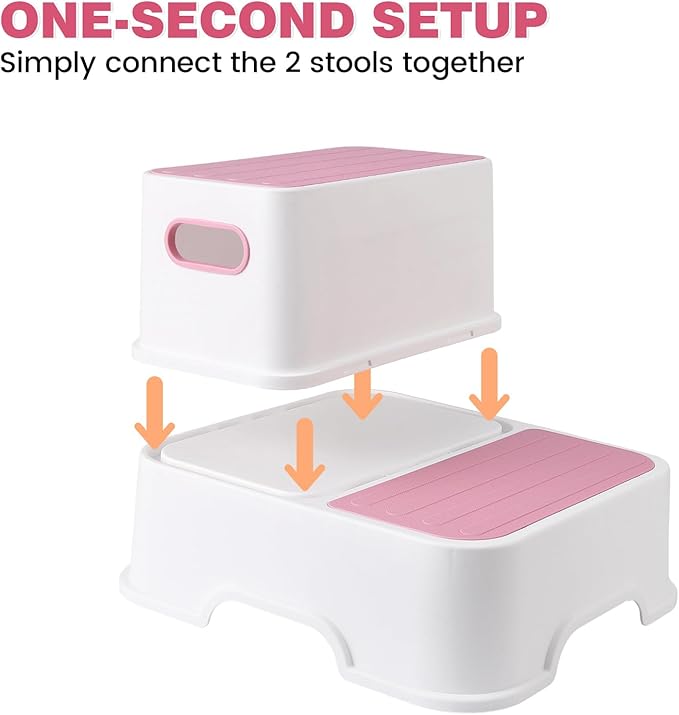 Toddler Step Stool for Bathroom Sink - 2 Step Stools for Kids, Non-Slip Double up Baby Child Toddler Stepping Stool for Potty Training, Kitchen, Bedroom, Toilet Step Stool for Kids (2 Pack, Pink)