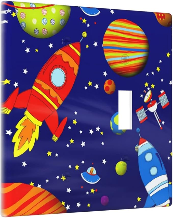 Space Astronaut Combo Single Blank 1 Single Toggle Light Switch Wall Plate Cover Decorative 2-Gang for Electrical Boys Kids Room Bathroom Bedroom Home Kitchen One Receptacle 4.5" x 4.6"