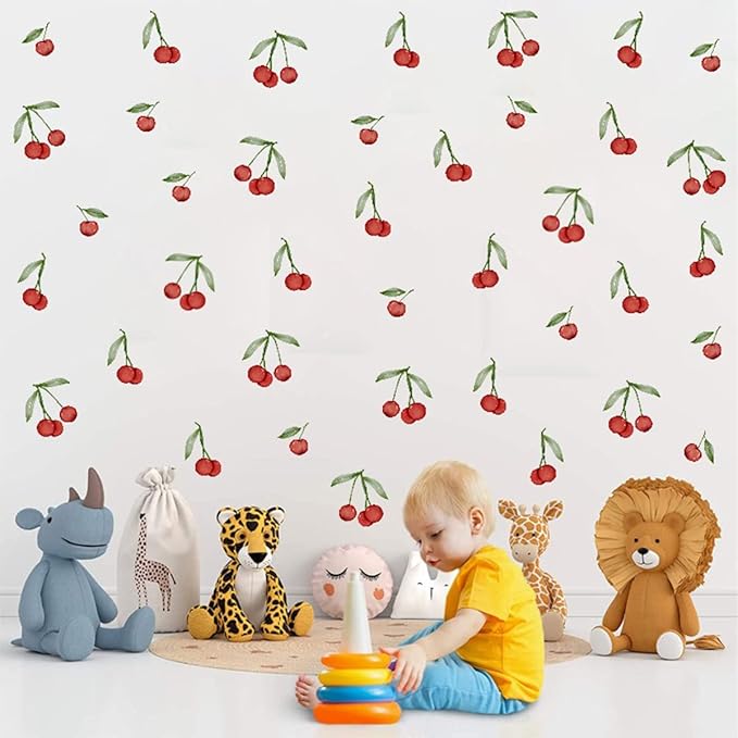 Bamsod Fruit Wall Decals Removable Boho Wall Stickers Peel Stick Cherry Wall Decals Fresh Fruit Wall Stickers for Baby Nursery Kids Bedroom Living Room Home Kitchen (Cherry)