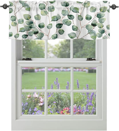 Vandarllin Watercolor Eucalyptus Vine Leaves Kitchen Curtains Valances for Windows Summer Green White Rod Pocket Window Treatment for Kitchen/Living Room/Bedroom/Bathroom,60" X 18" -1 Panel,