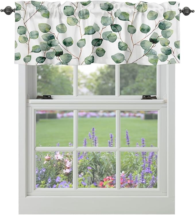 Vandarllin Watercolor Eucalyptus Vine Leaves Kitchen Curtains Valances for Windows Summer Green White Rod Pocket Window Treatment for Kitchen/Living Room/Bedroom/Bathroom,42" X 12" -1 Panel,