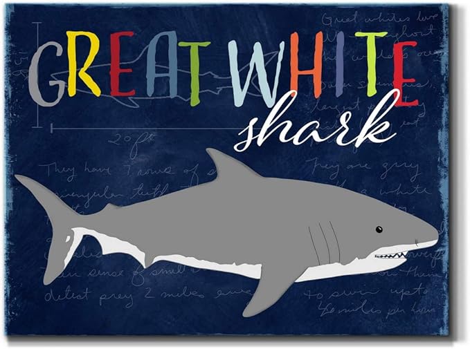 Renditions Gallery Canvas Animal Wall Art Home Paintings & Prints Smiling Playful White Shark Modern Abstract Vibrant Wall Hanging Decorations for Kids Bedroom Nursery - 18"x27" LT33