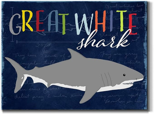 Renditions Gallery Canvas Animal Wall Art Home Paintings & Prints Smiling Playful White Shark Modern Abstract Vibrant Wall Hanging Decorations for Kids Bedroom Nursery - 18"x27" LT33