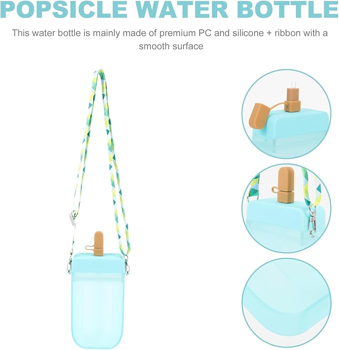 Yardwe Cute Water Bottle, 300ML Creative Ice Cream Popsicle Cups with Adjustable Shoulder Strap, Plastic Water Bottles Drinking Bottles for Camping Sports Travel