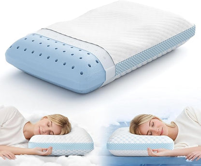 Cooling Memory Foam Pillow - Double Sides Design Extra Soft Bed Pillows for Sleeping - Comfortable Thick Memory Foam Pillow with Machine Washable Cover for Home, Hotel (Blue White)