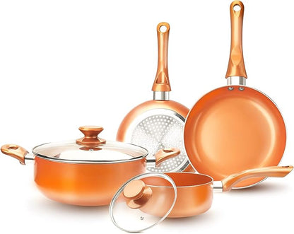 FRUITEAM 6-piece Nonstick Kitchen Cookware Set, Ceramic Coating Cooking Stock / Milk Pot/Frying Pans, Copper Aluminum Pan with Lid, Induction/Gas Kitchenware