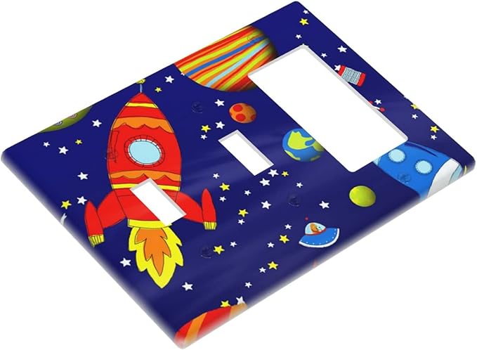 Space Astronaut Combo 2 Toggle 1 Rocker Light Switch Wall Plate Cover Decorative 3-Gang for Electrical Outlets Boys Kids Room Bathroom Bedroom Home Kitchen One Decora Receptacle 4.5" x 6.38"